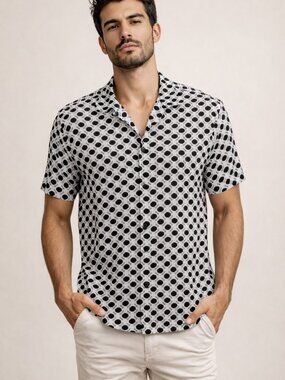 Ricky & Micky Short Sleeve Button Shirt Black White Geometric Print Size L